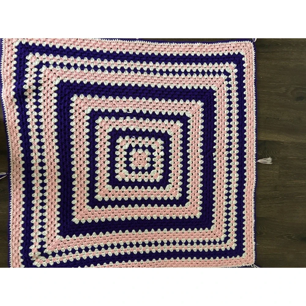 Vintage Afghan Granny Square Blanket Hand Crocheted Pink‎ Purple Tassel 41x39